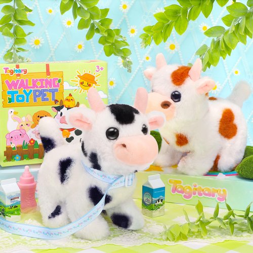 Tagitary Plush Toys Interactive Toys Cow for Kids,Walking Pet Toys Can Make Sounds,Wag Tail and Nod Head, Realistic Stuffed Cattle Toys Birthday Gift for Kids Toddlers