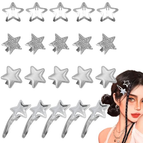 Kasmena 20Pcs Star Hair Clips for Women Girls, Cute Star Snap Hair Barrettes Non Slip Metal Hairpins Colorful Star Hair Clips for Thick Thin Hair 2000s Cool Star Hair Accessories for Women (Silver)
