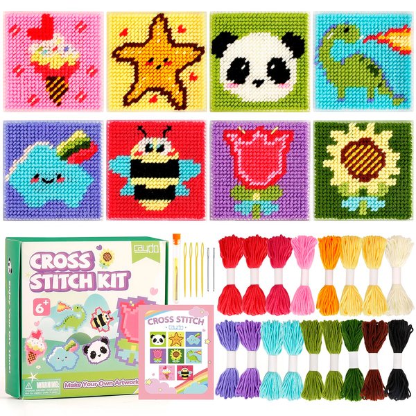 Caydo 8-in-1 Cross Stitch Kit for Beginners Kids, Includes 8 PCS Plastic Canvas with Pre-Patterns, 13 Colors Threads, Instructions, Embroidery Needles for Beginners Sewing