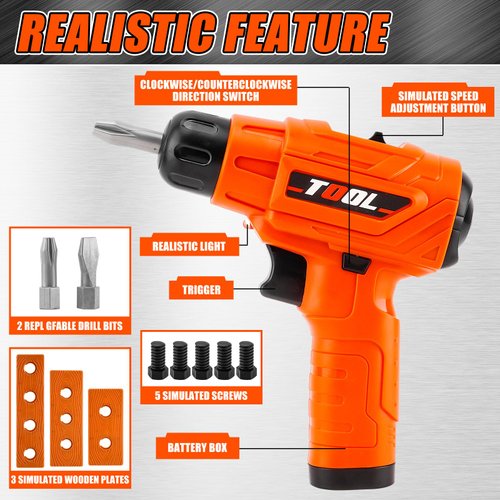 Toy Drill Set for Toddlers 1-3，Electric Power Kids Drill and Screw Set，Kids Pretend Play Tool with Realistic Sound & Action，Preschool STEM Toy for Home & Classroom, Ages 3+