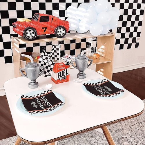 Fun Express 6.5" Race Car Checkered Flag Luncheon Napkins - Perfect for Racing Parties, Print Tableware, Fun Party Supplies, and Celebrations - 16 Pieces
