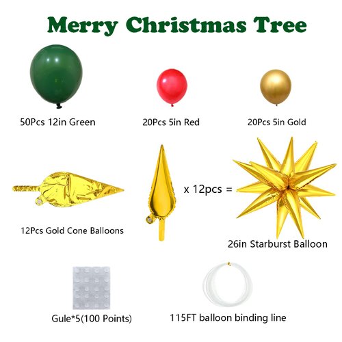 Christmas Balloon Garland Arch Kit Green Red Golden Latex balloons Xmas Tree Balloons with Golden Starburst Balloons for Christmas Party Decorations