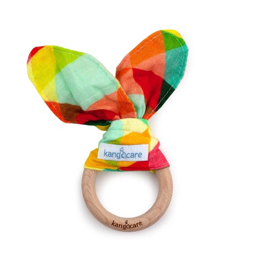 Kanga Care Baby Soft Muslin Sensory Crinkle Bunny Ear Wood Teething Ring - Finn Geometric
