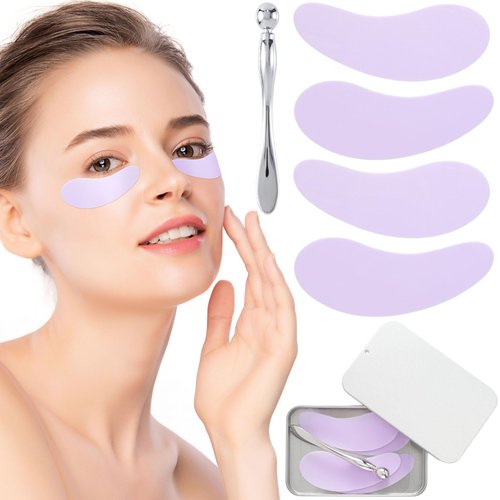 Joez Wonderful Under Eye Patches 2 Pairs, Silicone Reusable Eye Patches, Under Eye Mask for Skin Care Effect to Reduce Wrinkles & Fine Lines, with Metal Eye Cream Applicator, Tin Case (Purple)