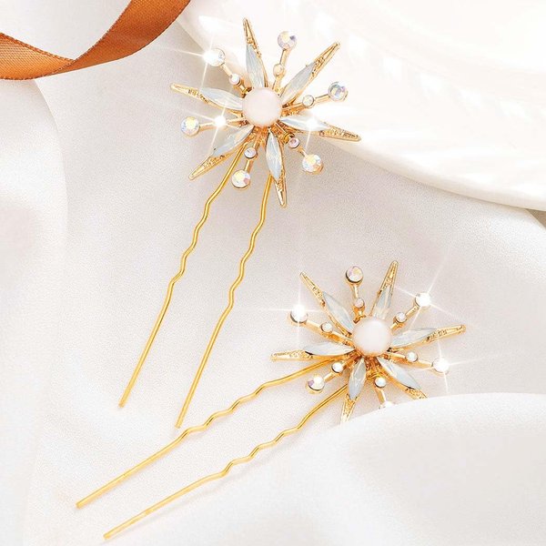Brishow Star Hair Pins Gold Snowflake Star Hair Accessories Pearl Vintage Rhinestone Starburst Hair Pieces 2PCS for Women and Girls