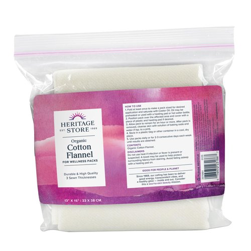 HERITAGE STORE Organic Cotton Flannel - Castor Oil Pack Wrap - Reusable, Highly Absorbent Castor Oil Wrap, Soothing Heat Compress for Abdomen, Joints and More, 60-Day Guarantee, Vegan, 13 in x 15 in