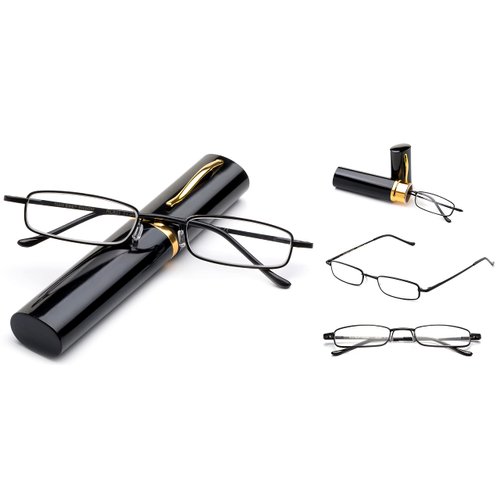 2 Packs Pocket Readers Ultra Compact Spring Temple Reading Glasses w/Portable Pocket Clip Aluminum Case Black +3.50