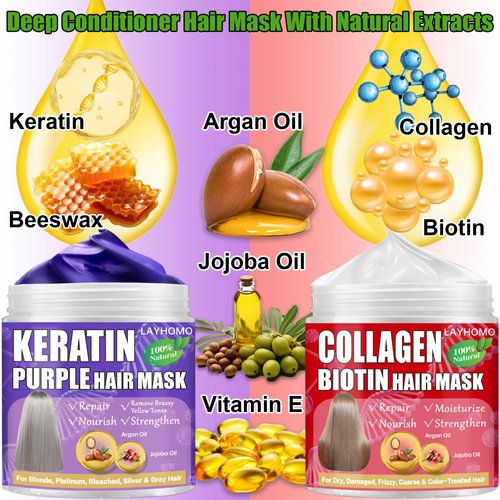Keratin Hair Treatment-Purple Hair Mask Remove Brassy Yellow for Blonde,Platinum,Bleached Hair & Collagen Hair Mask With Biotin for Dry Damaged Hair,Natural Deep Conditioner with Argan Oil,Jojoba Oil