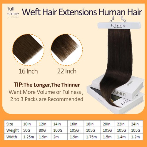 Full Shine Sew In Hair Extensions Real Human Hair 22 Inch Weft Extensions Real Remy Hair Color #2 Dark Brown Double Weft Full Head Set Straight Hair Weaves 105 Grams Hair Weft Bundles Straight Hair