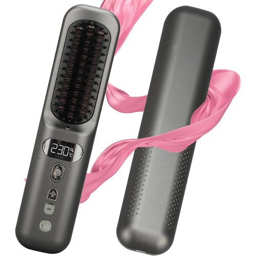Portable Hair Straightener Brush, 30s Fast Heating Mini Hair Straightener for Travel, 9 Temp Setting Cordless Hair Straightener Brush, Ionic Hair Straightener Comb for Women Girls