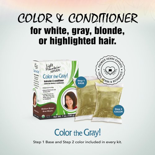Light Mountain Henna Hair Color & Conditioner, Color the Gray - Medium Brown Hair Dye for Men/Women, 2-Step Chemical-Free, Semi-Permanent Hair Color for White, Gray, and Blonde Hair, 7 Oz (Pack of 2)