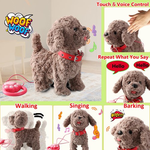 Walking Barking Dog Toy Singing Puppy Set, Repeat What You Say Teddy with Control Leash Electronic Dog, Touch or Voice Control Realistic Robot Musical Dancing Animated Plush Pet for Toddler