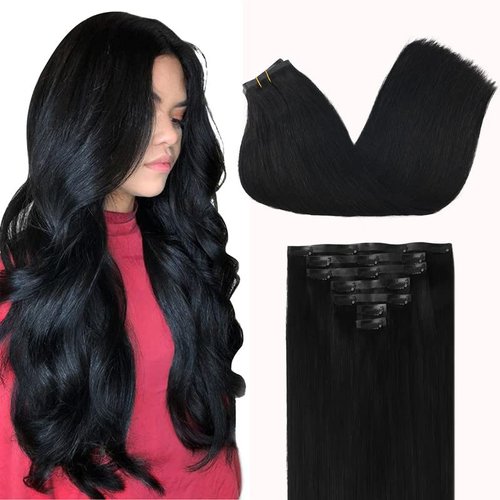 GOO GOO Clip in Hair Extensions Real Human Hair, 14inch 110g 7Pcs, 1 Jet black, Remy Human Hair Extensions Clip ins for Women, Natural Human Hair
