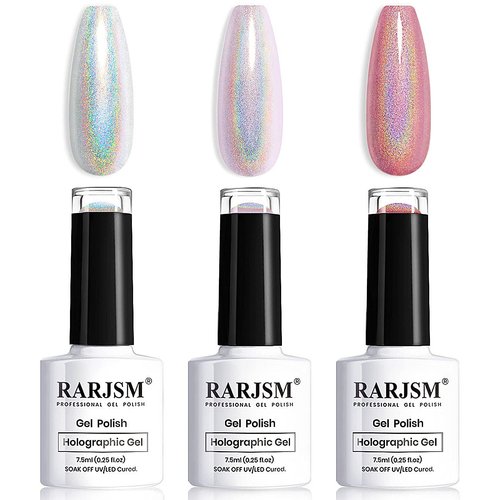 Holographic Nail Polish Set 3PCS Rose Gold Silver Red Gel Polish Kit Soak off Nail Gel with Glitter Mermaid Unicorn Effect Curing Required for Nail Art Design Manicure Salon DIY at Home