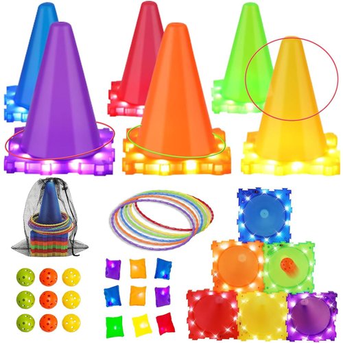 3-in-1 Carnival Games for Kids with LED Lights, 37 Pcs Outdoor Toys for Toddlers - Ring Toss Game, Bean Bag Toss Game, Soft Plastic Cones, Yard Lawn Game for Family Party