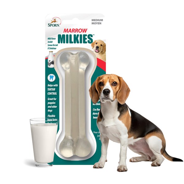 Sporn Marrow Milkies Chew Bones for Light Chewers, Milk Flavor Dog Chew Toys for Medium Dogs, Made with Soft Thermoplastic Rubber Dog Dental Chew Toy, Gluten-Free & Non-Toxic, Medium