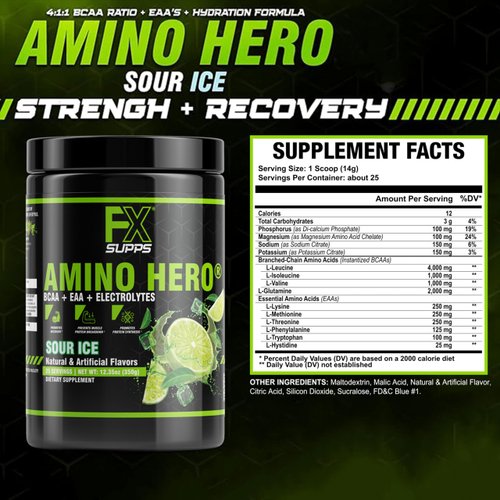 FXSUPPS Amino Hero Sour Ice Flavor (25 Servings) | Post-Workout Recovery Drink for Men and Women | Energy Powder Mix with BCAA, EAA, and Electrolytes | Promotes Endurance and Healthy Muscles - 1 Pack