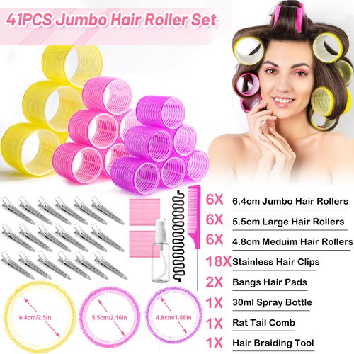 41 Pcs Jumbo Hair Curlers Rollers with Clips Big Hair Rollers with 3 Sizes 64mm 55mm 48mm, Self Grip Hair Roller for Long Medium Short Thick Thin Bangs Volume, Hair Roller with Comb Braid Tool