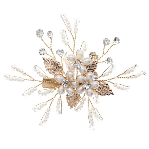 Pearl Wedding Hair Clip for Brides Hair Piece Flower Bridal Headpiece Rhinestone Wedding Hair Pin Leaf Hair Accessories for Bridesmaid Flower Girl Women and Girls