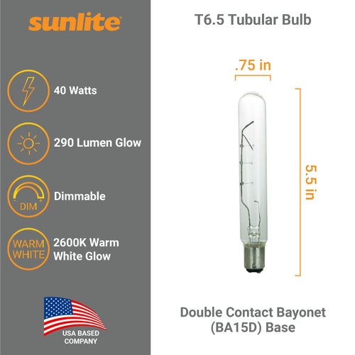 Sunlite 01980-SU Incandescent T6.5 Tubular Light Bulb, BA15D Double Contact Bayonet Base, 40 Watts, 290 Lumens, Dimmable, Mercury Free, 2600K Warm White, Clear Glass, 1 Count