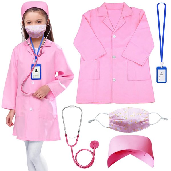 Naichuo Doctor Nurse Lab Coat Outfits,Kids Role Play Doctor Costume With Realistic Accessories for Boys Girls Ages 3-12(Lab Coat, Pink/7-9T)
