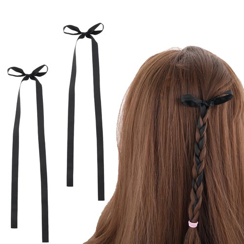 Qianyu 6PCS Bow Tassel Hair Clips Satin Ribbon Accessories Long Tail Hair Barrettes Solid Satin Ponytail Holders Small Black Bowknot Clips Hair Accessories for Women Girls