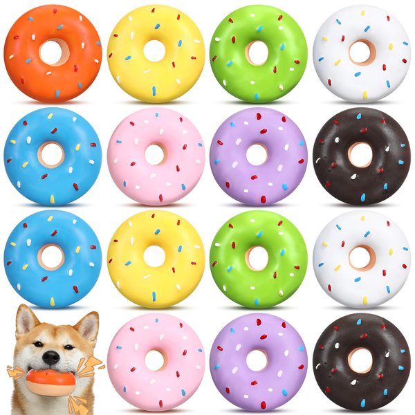 JellyArch 16 Pcs Donut Dog Toys Latex Squeaky Dog Toys for Aggressive Chewers Tough Durable Dog Chew Toy No Stuffing Teething Toys Dog Birthday Gift for Small Medium Dogs Halloween Christmas
