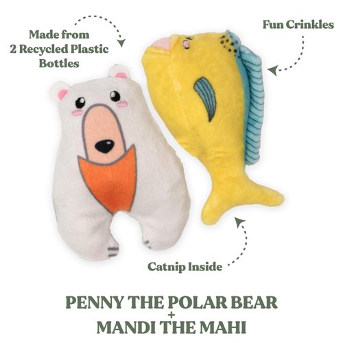 GRRREEN Stuffed Animal Cat Toy | Mahi and Polar Bear Mixed Bundle | Value 2-Pack for Indoor Cats | Cute Interactive Plush Toys | Made of Eco-Friendly Materials - Go Green!