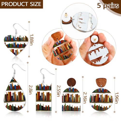 5Pairs Accessories 5 Pair Book Earrings for Women Cat Book Funny Bookshelf Earrings Acrylic Dangle Earrings Jewelry Gifts for Teacher's Day Back to School Gift