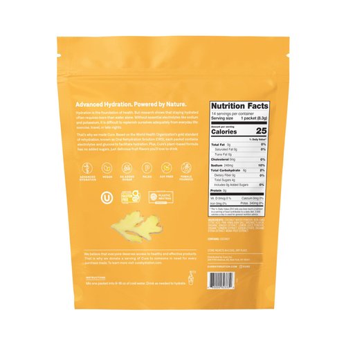 Cure Hydration | Plant-Based Electrolyte Drink Mix | No Added Sugar | Dehydration Relief Powder Made with Coconut Water | Non-GMO | Vegan | FSA & HSA | Pouch of 14 Packets - Ginger Turmeric