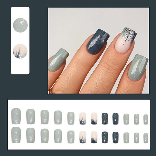 SHANRUN Press on Nails Medium Square Blue Fake Nails Glitter Powder Press ons Nails Tips Full Cover False Nails Stick on Nail Glue on Nails Acrylic Artificial Press on Nail Kit for Women 24 Pcs