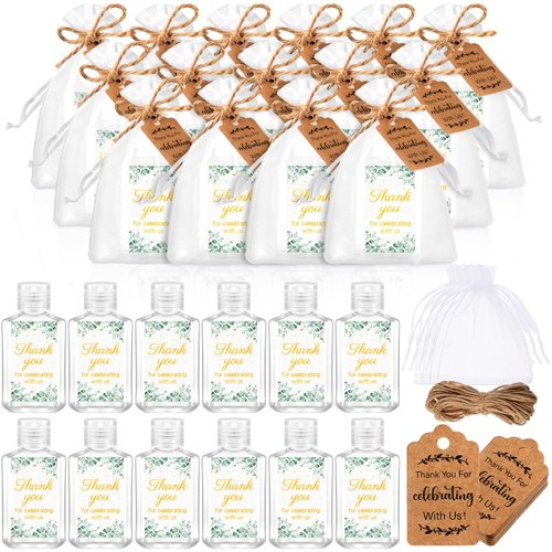 Tiangrid 50 Sets Mini Hand Sanitizer Bottles Wedding Favors Bulk for Guests 50 2oz Empty Travel Size Hand Sanitizer Bottles with 50 Organza Bags Thank You Tags for Wedding Party (Green,Eucalyptus)