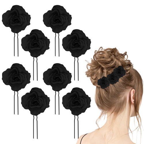 Auswalar 8 PCS Black Rose Flower Hair Clips U Shape Rose Floral Bobby Pins,Vintage Rose Hair Accessories for Women Girls Party Beach Wedding(Black)