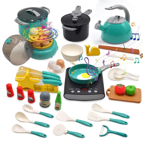 Cyiecw 54Pcs Kids Play Kitchen Toys Set, Toddler Kitchen Playset with Play Pots and Pans, Cooking Toys Electronic Induction Cooktop with Sound & Light, Pretend Food Set, for Girls Boys