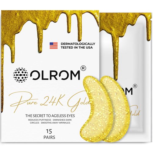 Olrom 24K Gold Under Eye Patches (15 Pairs) - Vegan Collagen and Avocado Extract Eye Masks for Dark Circles, Puffiness, and Anti-Aging - Hydrating Eye Skincare for Men & Women