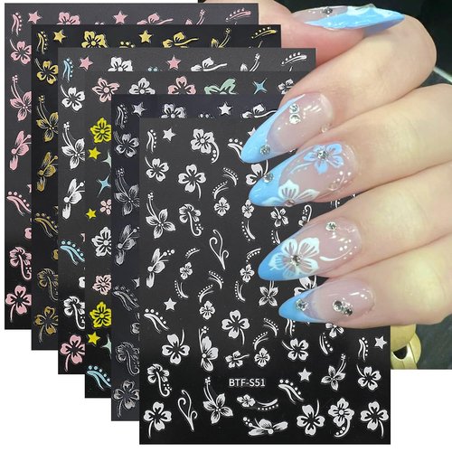6Sheets Hibiscus Flower Nail Sticker 3D Self-Adhesive Nail Decals Pink Hibiscus Floral Petal with Gold Silver White Design French Tip Nail Stickers Spring Nail Supplies DIY Nail Decoration for Women