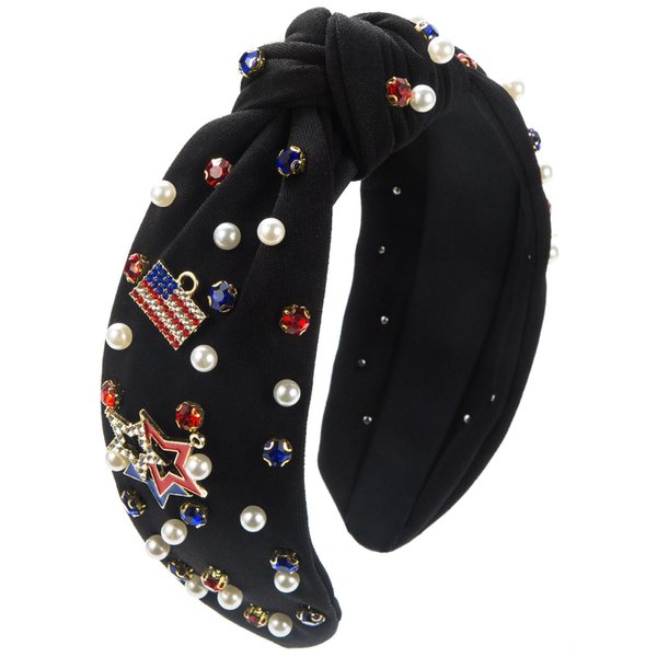TailaiMei 4th of July Rhinestone Knotted Headband for Women, USA Flag Star Jeweled Crystal Embellished Ladies Twist Wide Hair Band Accessories Holiday Makeup Hair Hoop Gifts (Black)