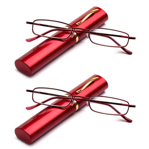 2 Packs Pocket Readers Ultra Slim Compact Reading Glasses Spring Temple w/Portable Pocket Clip Aluminum Case Red +3.00