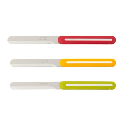 ARCOS Paring Knife Set of 3 Pieces 4 Inch Stainless Steel. Colorful Kitchen Knives for Peeling Fruits and Vegetables. Ergonomic Polypropylene Handle. Serie B-Line. Color Orange, Red and Green.