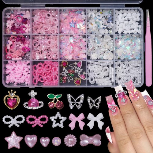 3D Silver Butterfly Cherry Planet Nail Rhinestones Gems Charms Mix Pink Variety Pearls Nail Charms Assorted Bow Butterfly Heart Bear Star Nail Charms for Nail Art DIY Manicure Jewel Accessories