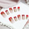 24Pcs Christmas Press on Nails Short Square Fake Nails Christmas Holly Leaves with Glitter Full Cover Tip Glue on Nails Glossy Designs Red French Tip False Nails Winter Xmas Nail Decorations for Women