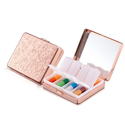 Portable Metal Travel Medicine Box with a Mirror / 8 Compartments (Rose Gold)