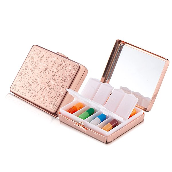 Portable Metal Travel Medicine Box with a Mirror / 8 Compartments (Rose Gold)