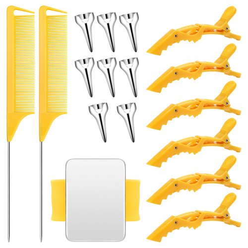 Coldairsoap 17 Pieces Hair Parting Tools Set, Included 8P Hair Parting Ring 2P Metal Rat Tail Comb 6P Hair Sectioning Clip with 1P Magnetic Wrist Sewing Pin Holder for Braiding (Yellow)