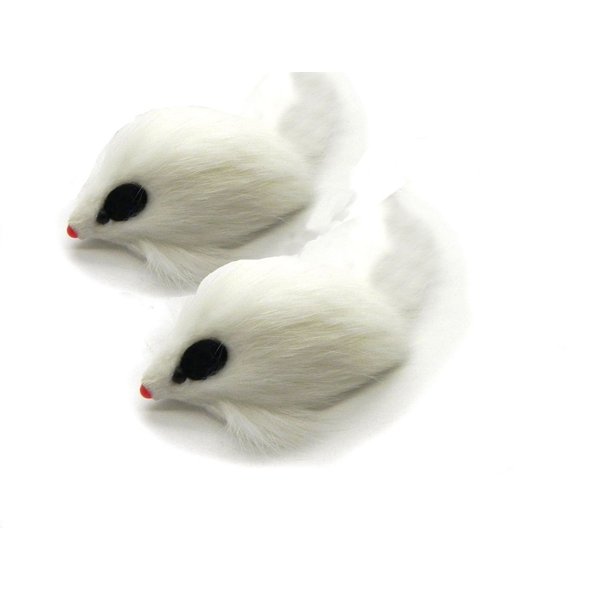Kats'N Us Real Rabbit Fur Long Hair Mouse Cat Toy - 2pk White