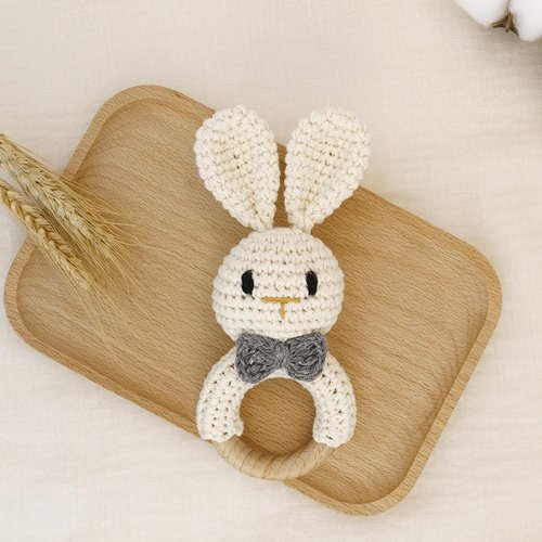 Crochet Bunny Rattle for Baby, Soft Baby Rattle Toys Wooden Ring Rattle for Toddlers Cute Rattle Toy Boy Girl First Rattle Gift Perfect Baby Shower Gift for Moms & Babies, #1 Bunny