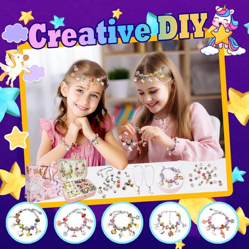 BEIKEETOO Charm Bracelet Making Kit for Girls 8-12, DIY Bead Jewelry Making Kit with Box, Arts and Crafts for Kids 6-8 Gifts for Girl Toys Age 6 7 8 9 10 11 12 Festival Birthday