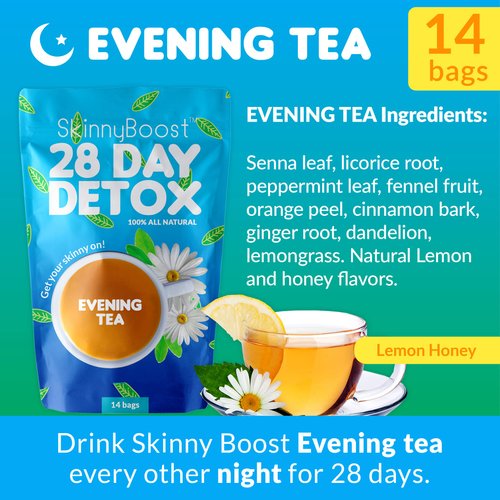 Skinny Boost 28 Day Detox Tea Kit -Daytime Tea (28 Bags) Evening Tea (14 Bags) Non GMO, Vegan, Reduce Belly Bloating, Increase Energy, All Natural Detox and Cleanse