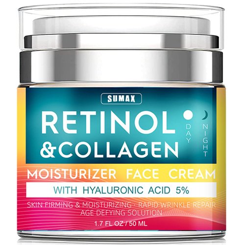 Retinol Cream for Face with Hyaluronic Acid, Day-Night Anti-Aging Moisturizer for Women, Men, Collagen Cream for Face Reduces Wrinkles, Dryness, 1.78 Oz