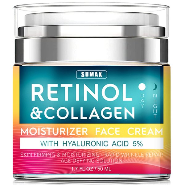 Retinol Cream for Face with Hyaluronic Acid, Day-Night Anti-Aging Moisturizer for Women, Men, Collagen Cream for Face Reduces Wrinkles, Dryness, 1.78 Oz